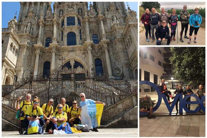 El grupo Los Trotamundos,  delante de la Catedral de Santiago, a la salida en Oviedo y durante el trayecto  (Foto TA)